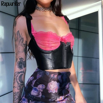 

Rapwriter Streetwear Black PU Leather Crop Top Women Buckle Zipper Gothic Strap Tank Top female Summer Camisole Women's Tops