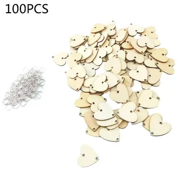 

100pcs Wooden Heart Discs Slices Tag 2 Holes Metal Ring for Birthday Board Calendar DIY Crafts
