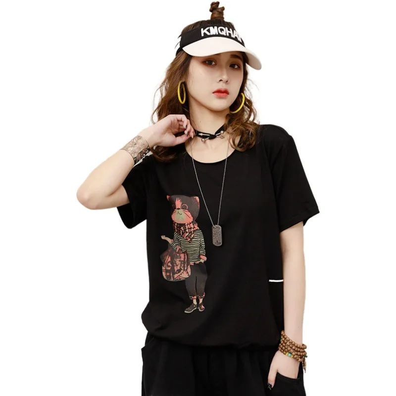 

2020 Elegant Summer Cartoon Printed Hemming Base Shirt Loose Short-sleeved Women's T-shirt Large Size O Neck Tees And Pullovers
