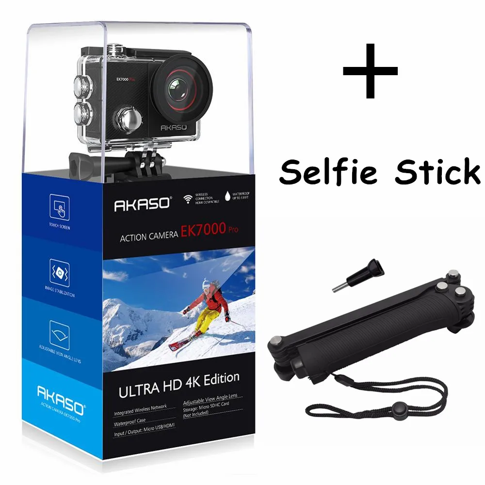 with selfie stick AKASO go EK7000 Pro 4K экшн Спортивная камера с сенсорным экраном Спортивная камера EIS регулируемый угол обзора 40 м подводная камера Wifi - Цвет: with selfie stick