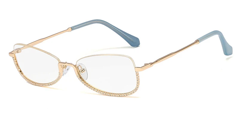 gold blue frame Peekaboo роскошные очки со стразами для женщин Кошачий глаз металлические золотые прозрачные линзы половина оправы очки по рецепту дамы - Цвет оправы: gold blue frame