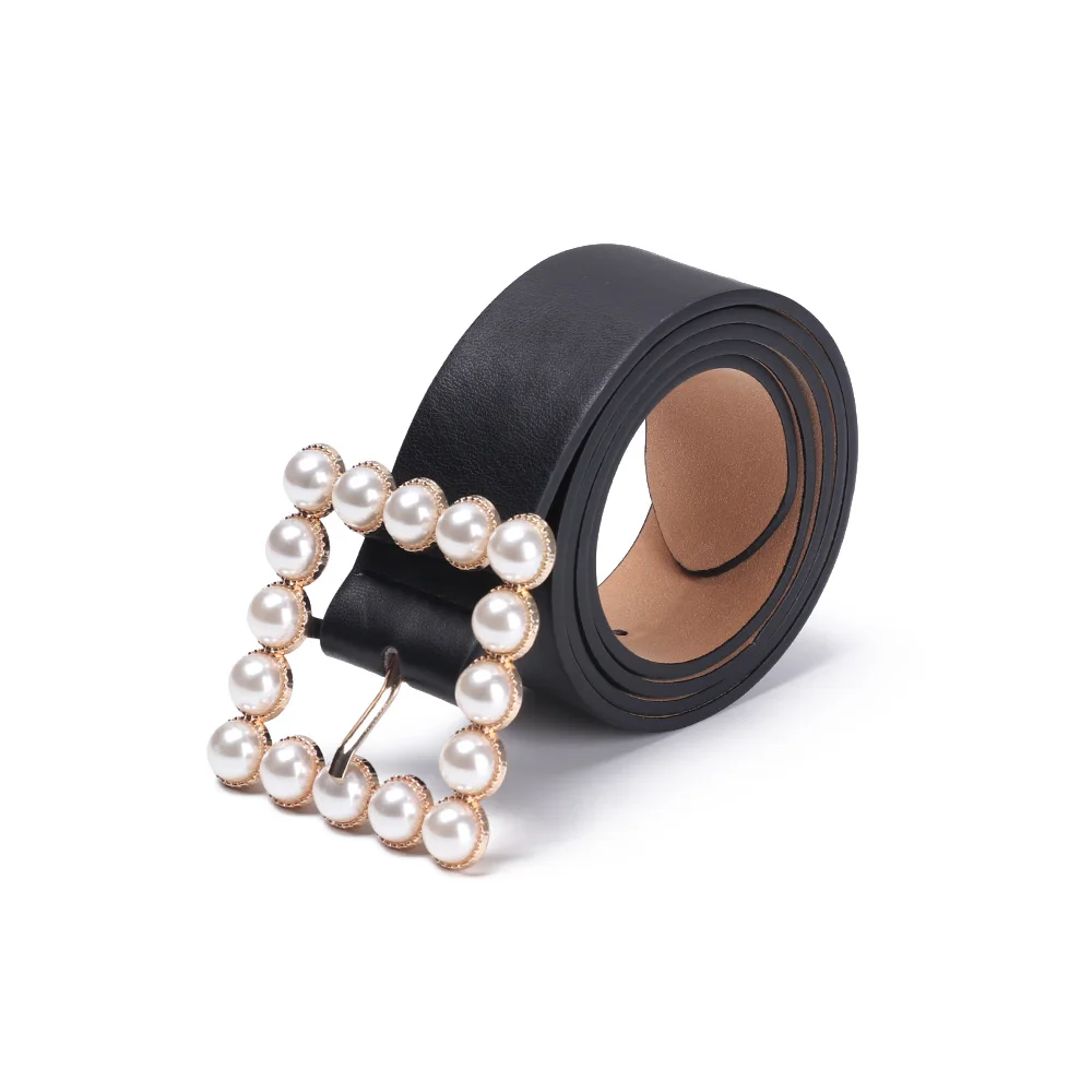 1PC Fashion Women Square Buckle Leather Belt Sweet Inlaid Pearl Decoration Solid Color Belt Elegant Wedding Party Ladies Belt