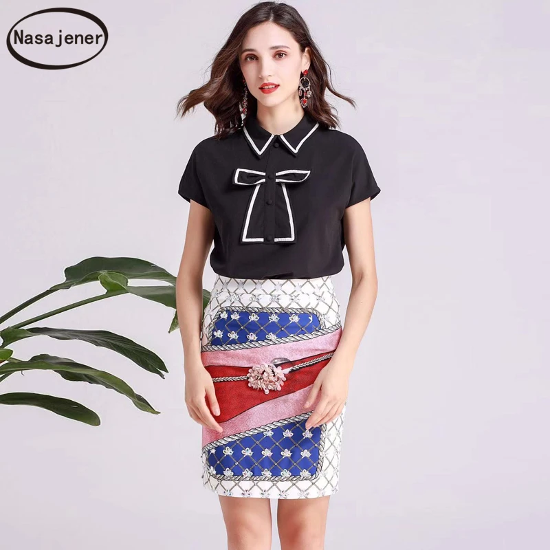 

2019 Women Summer Casual Suit Fashion Runway Black Short Sleeve Tops T-Shirt + Beading Printed Skirt Office Lady 2 Pieces Set