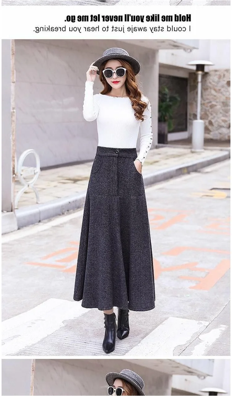 Vintage Striped Woolen Skirts Women Winter Fashion High Waist Office Warm Pleated Long Skirt Ladies Saia Longa AQ694