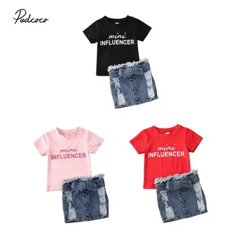 

2Pcs Kids Baby Girl Outfit Set, Letter Print Short Sleeve T-Shirt + Denim Button Skirt Set