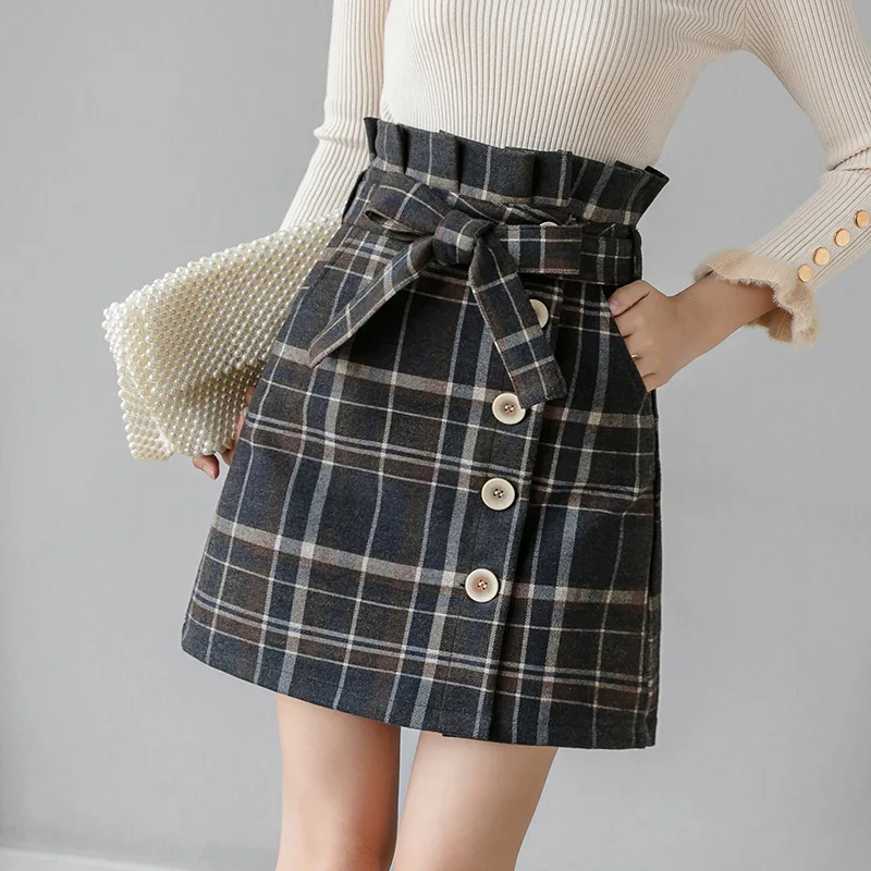 

Photo Shoot 2019 Autumn And Winter New Style Korean-style INS Super Fire High-waisted Bud Woolen Lattice Word Skirt A- line Shor