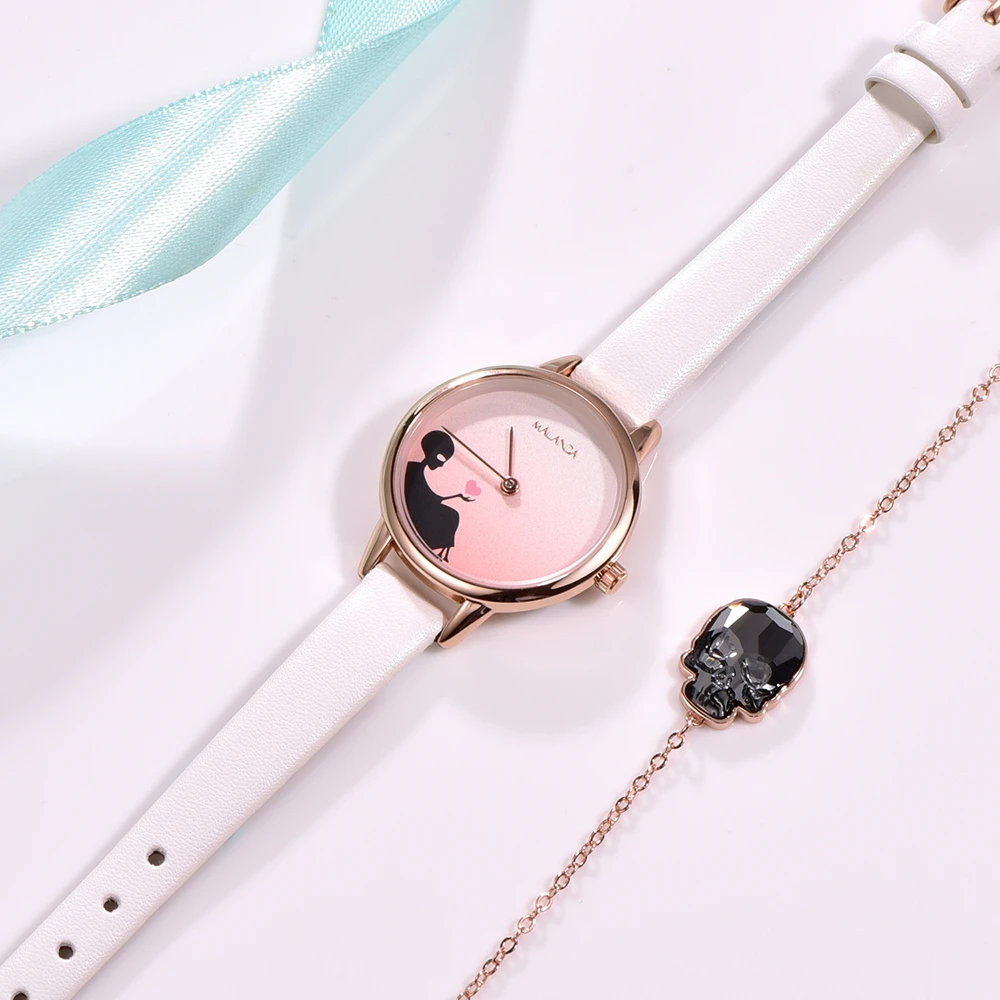 Розовое золото череп дизайн часы и кристаллы от Swarovski браслеты Набор для женщин кварцевые часы дамы Роскошные ювелирные изделия - Цвет: CRYSTAL SINI