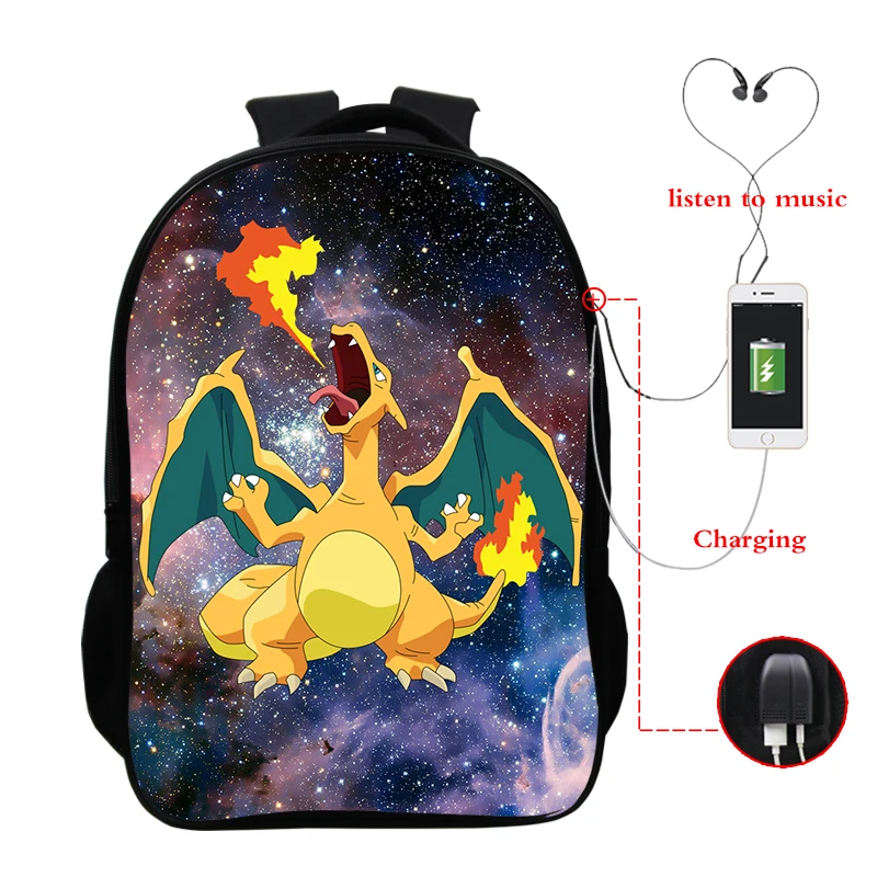 165-dff-11-15-128 Galaxy Charizard рюкзак с зарядкой через Usb 16 дюймов Pokemon дорожные сумки через плечо Водонепроницаемая школьная сумка для мальчиков и девочек - Цвет: 165-dff-11-15-128