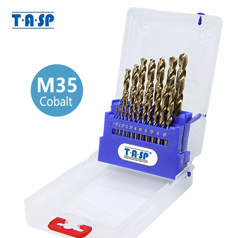 TASP 19pcs HSS M35 5% Cobalt Drill Bit Set 1.0~10mm for Stainless Steel Metal & Wood with Storage Box Power Tools Accessories