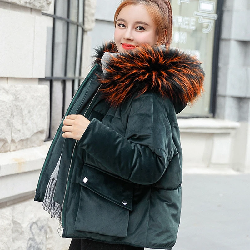 Корейский стиль, зимняя Вельветовая Женская куртка со стоячим воротником, однотонная, черная, белая, женский пуховик, свободный, негабаритный, женская короткая парка