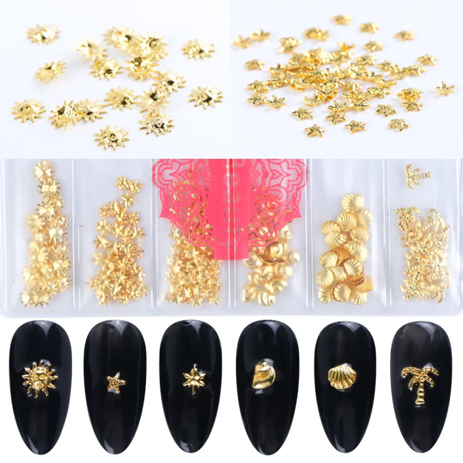 

6 Designs Gold Ocean Style Nail Art Decoration Shell Leaves Star Tree Gold Metal Slice Decals Sticker Tips Nail Accessory LE25