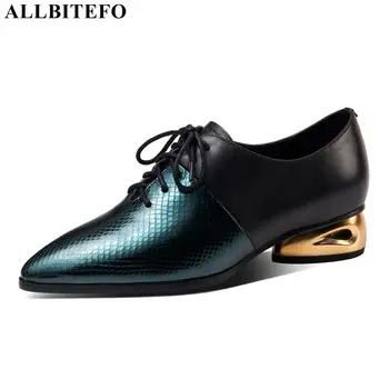 

ALLBITEFO size 34-42 Lizard texture cross tied genuine leather women heels shoes fashion sexy women's high heels low heel shoes