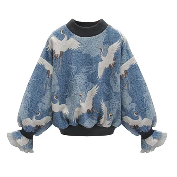 

Chinese Style Crane Printing Sweatshirt Women Patchwork Mesh Autumn Spring Loose Flare Long Sleeve Sweatshirt Tops Women Cloth