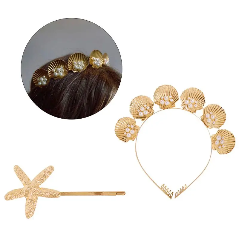 

Marine Style Golden Shell Tiara Crown with Comb Faux Pearl Beaded Wedding Bridal Hair Hoop Women Girl Vacation Styling Bobby Pin