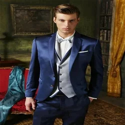 2021 New High Quality Customized Shiny Navy Blue Notched Lapel Groom Tuxedo Wedding Dinner 3 Pieces(Jacket + Pants + Tie + Vest)