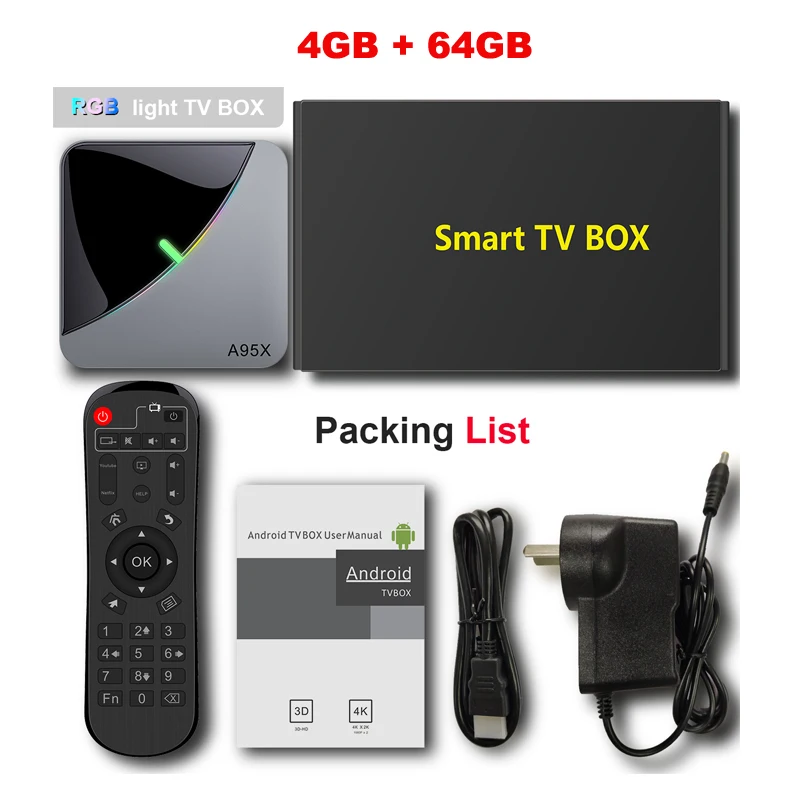 4G 64G A95X F3 4 Гб 64 Гб 3 2G B RGB светильник Smart tv Box 2G 16G Android 9,0 A95X F3 Air Amlogic S905X3 Wifi беспроводной HD Отт медиаплеер - Цвет: 4G 64G