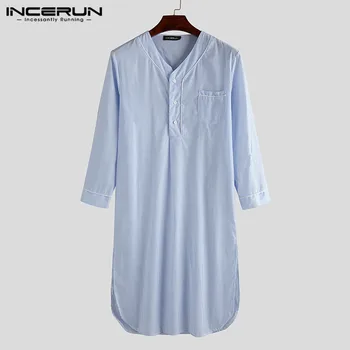 

INCERUN Fashion Striped Men Sleep Robes V Neck Long Sleeve Button Pajamas Bathrobes Pockets Leisure 2020 Mens Homewear Plus Size