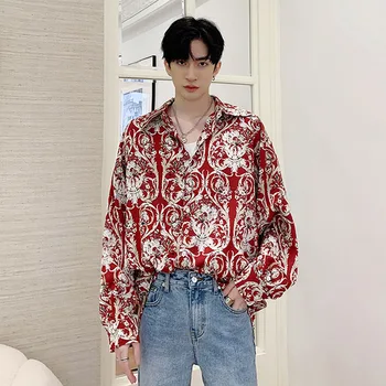 

Men Retro Fashion Long Sleeve Casual Shirts Male Streetwear Hip Hop Vintage Print Fashion Show Dress Shirts Stage Clothing