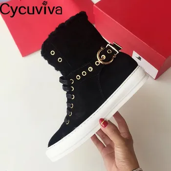

Snow Winter Boots Skidsude Real Fur Ankle Boots For Women Runway Warm Down Flat Shoes Woman Platform Lace Up Short Boots Femme