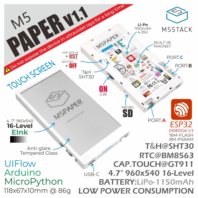 M5stack Hatósági m5paper ESP32 fejlesztési készlet V1.1 (960X540, 4.7