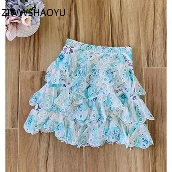 

ZIWWSHAOYU Summer Female Elegant Vintage Organza Skirt Runway Designer Women Print Embroidery Hollow Out Pearls Short Skirts