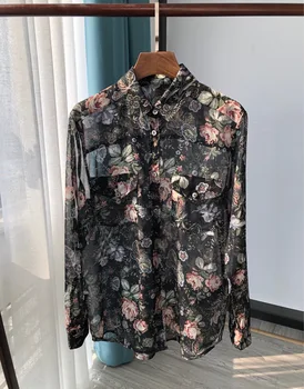 

Women Shirt Floral Print Shell Button Black Bottom Butterfly Lining