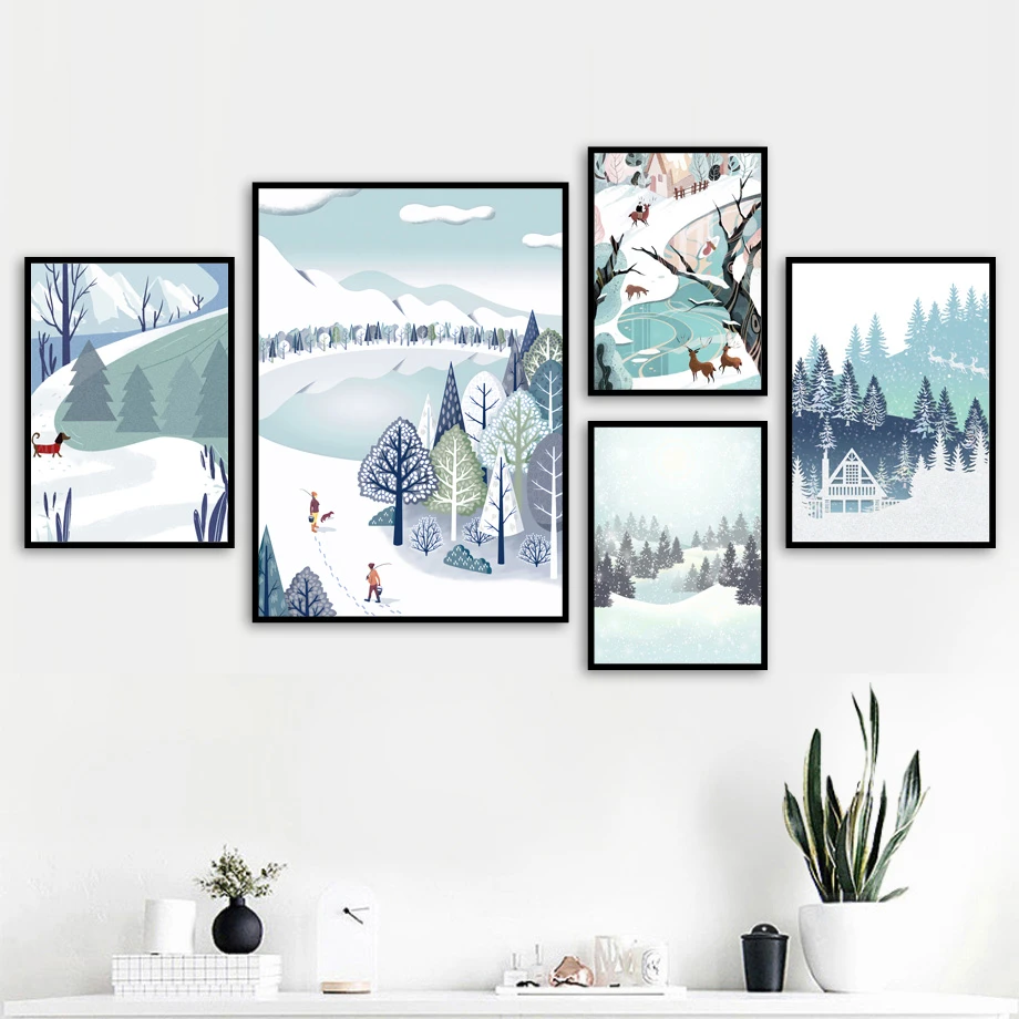 ヴィンテージ雪山林湖イラスト壁アートキャンバス絵画北欧ポスターやプリント壁の写真 Painting Calligraphy Aliexpress