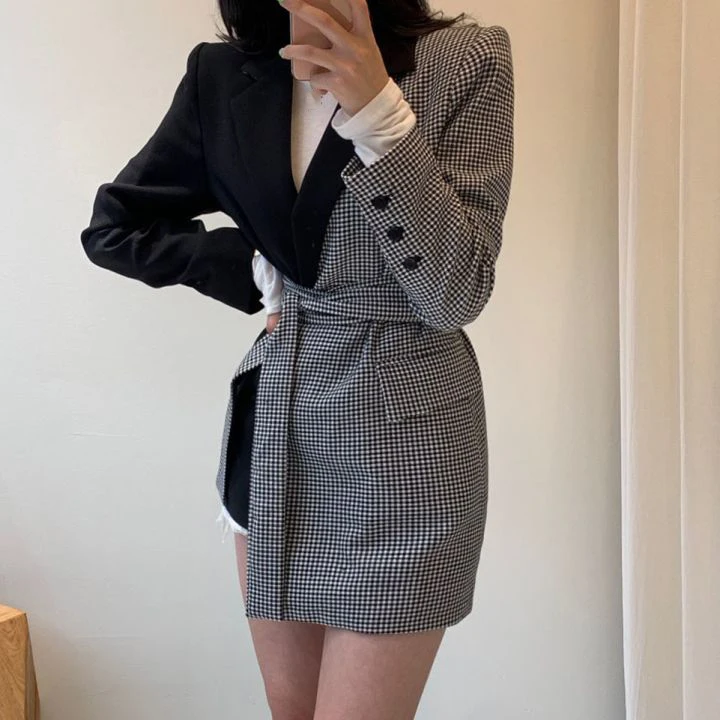 SHENGPALAE, новинка, модный осенний клетчатый блейзер с контрастной строчкой и поясом, женское приталенное повседневное корейское пальто, 9A427