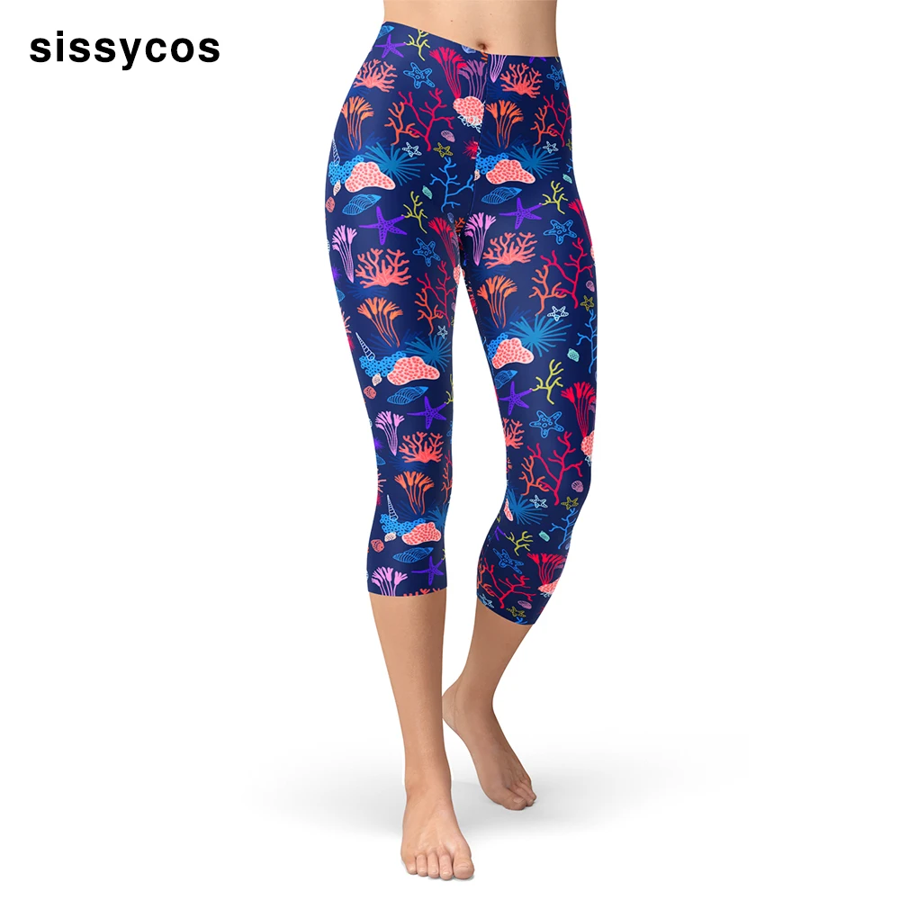 Sea Coral Printing Capris for Women Seahorse Starfish Seaweed Octopus Pattern Plus Size Elasticity Brushed Buttery Soft Leggings Sea Coral Printing Capris for Women Seahorse Starfish Seaweed Octopus Pattern Plus Size Elasticity Brushed Buttery Soft Leggings