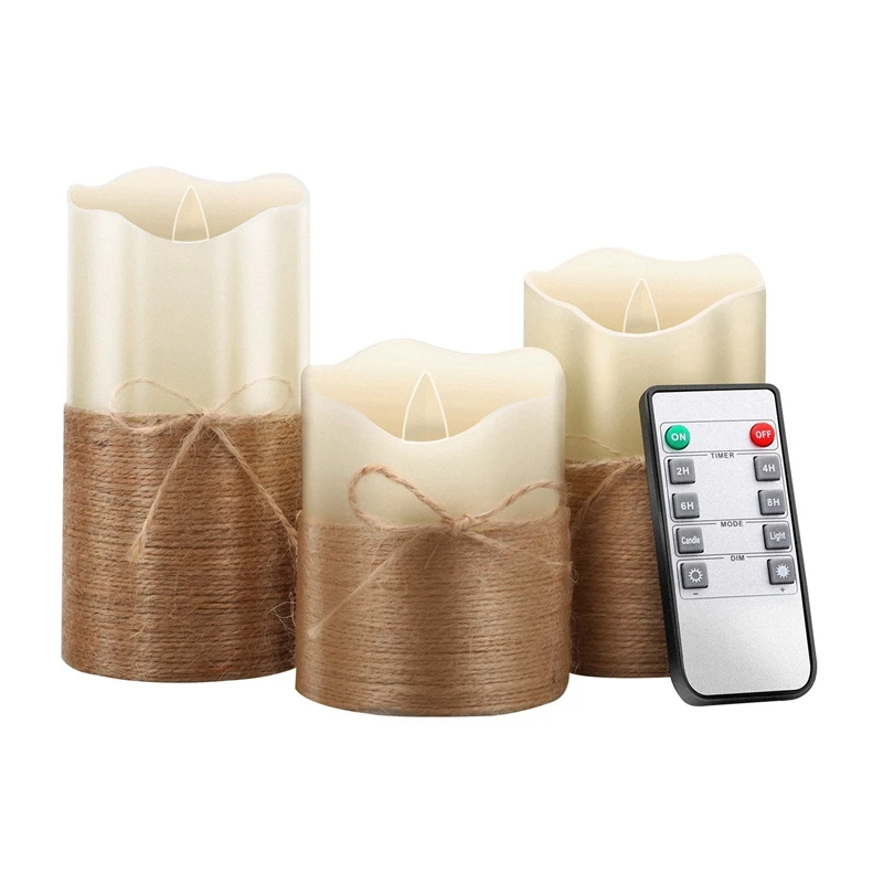 

New Flameless Candles, Led Battery Operated Candles Real Wax Flickering Moving Wick Electric Candle Sets with Hemp Rope Remote 2
