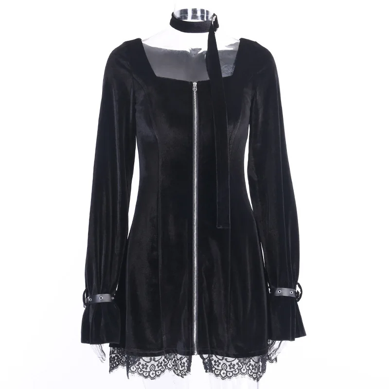 Черный вельветовый в готическом стиле платье женщин Кружева квадратный воротник с длинным рукавом на молнии платья