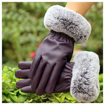 

Leather Gloves Female Winter Rabbit Hair Mouth Touch Screen WOMEN'S Warm Plus Velvet Thick Gloves Women's Winter Cute Korean-sty