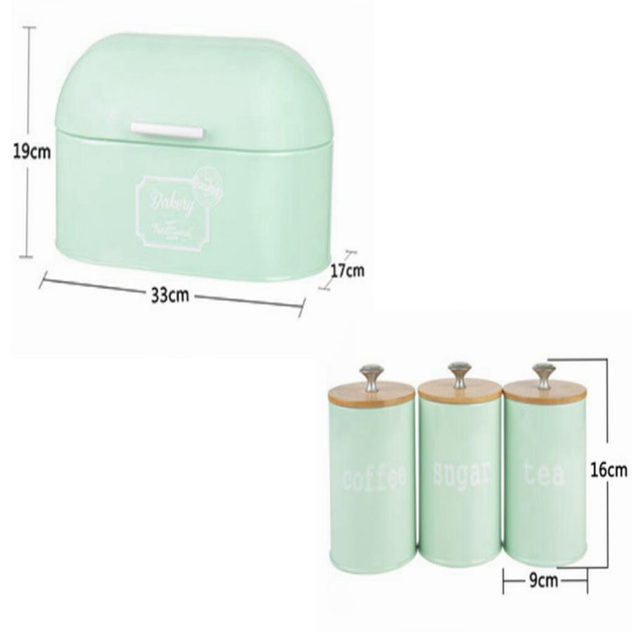 Metal Kitchen Bread Bin with Hinged Lid and 3 Pack Canister set with Airtight Lid - Mint Green