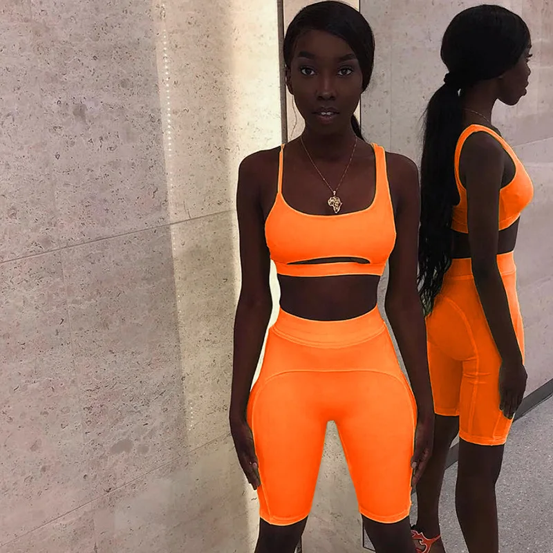 

Hot Sale 2019 Summer New Women's Fashion Fluorescent Color Sports Shorts Suit Biker Shorts Chandal Mujer 2 Piezas Neon Green