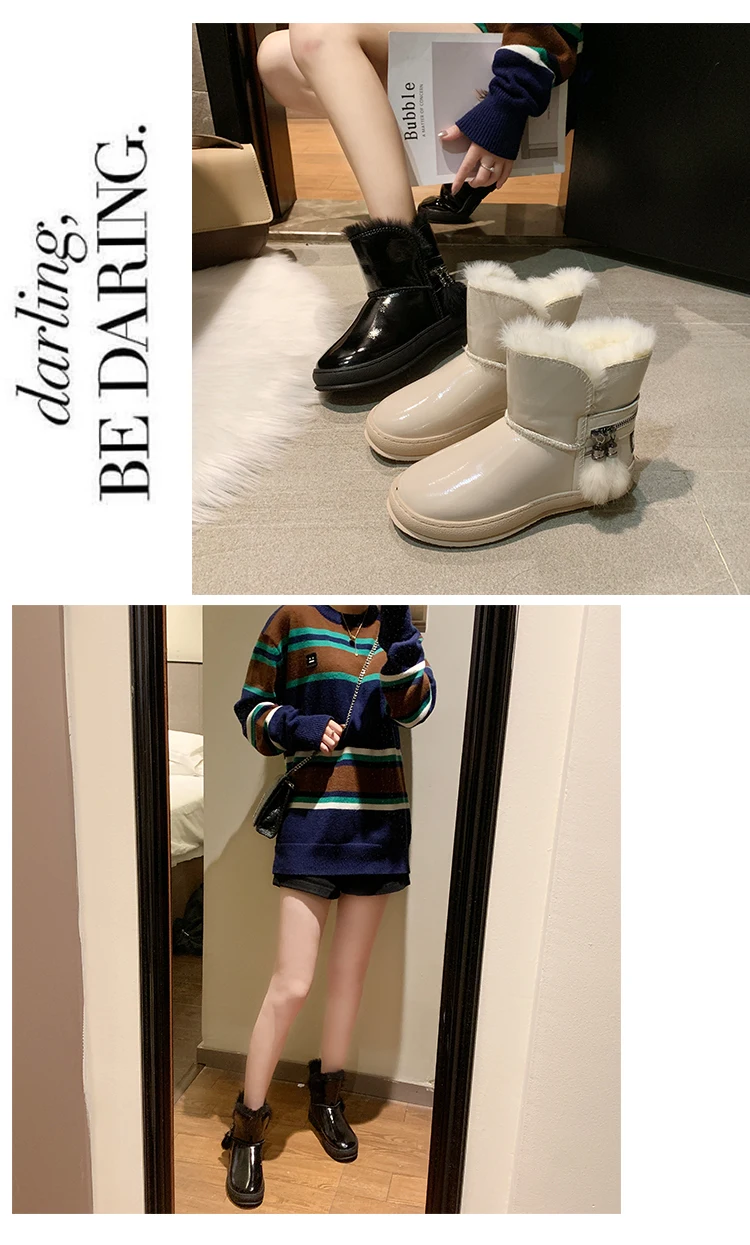 Snow boots patent leather women short boots winter wild plus velvet flat bottom white bright face Martin boots women boots