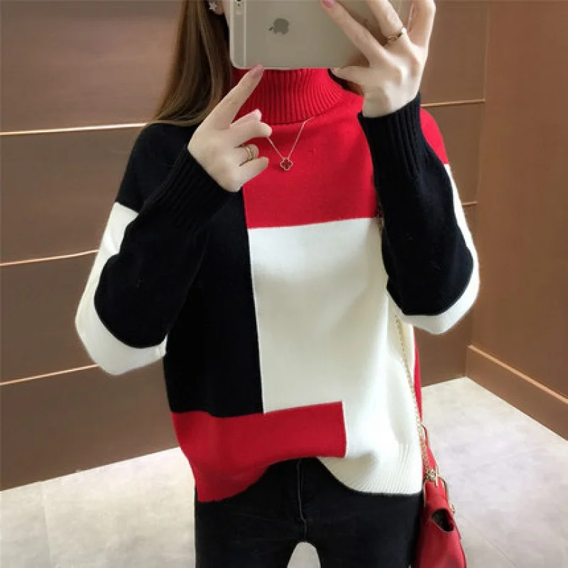 

Temperament hit color turtleneck knitted sweater womens pullover tricot tops 2019 autumn winter cashmere warm pull femme jumper