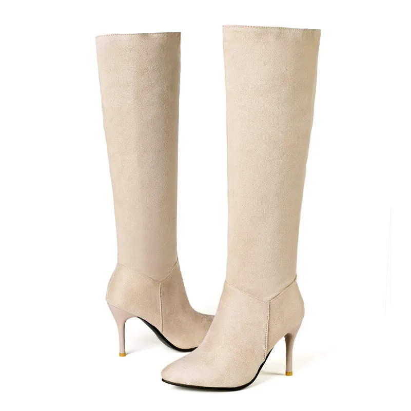 Beige Meotina/женские сапоги осенние сапоги до колена высокие сапоги на молнии на тонком каблуке Обувь на очень высоком тонком каблуке женская зимняя обувь, большие размеры 34-43 - Цвет: Beige