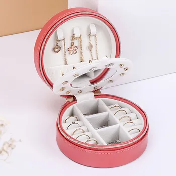 

Round Jewelry Storage Box Portable Travel Display Lady Case Finishing Box Small Earrings Ring Organizer Lipstick Storage Bag
