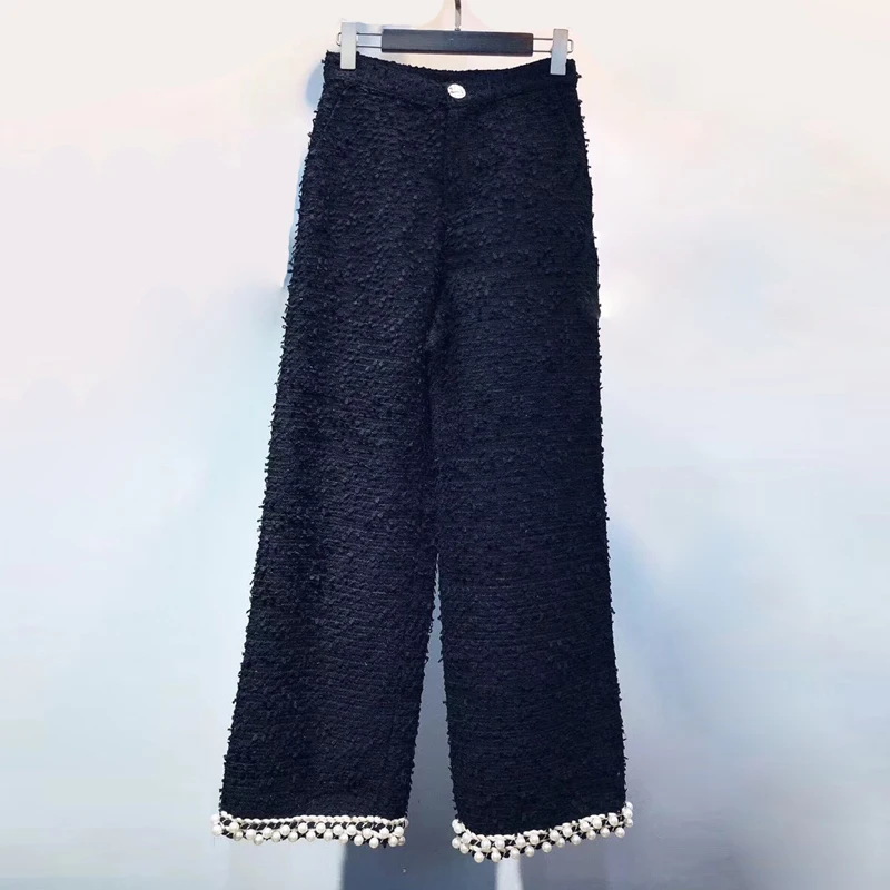 

Red RoosaRosee Designer High Street New Fashion Women Beads Ankle-length Straight Tweed Pants Lady Autumn Spring Black Trousers