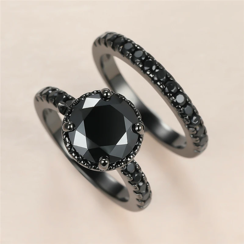 Anillo de piedra de cristal Hip Hop para mujer y hombre, conjunto de anillos de boda de oro negro de 14KT para mujer, sortija de compromiso de circón redondo con encanto