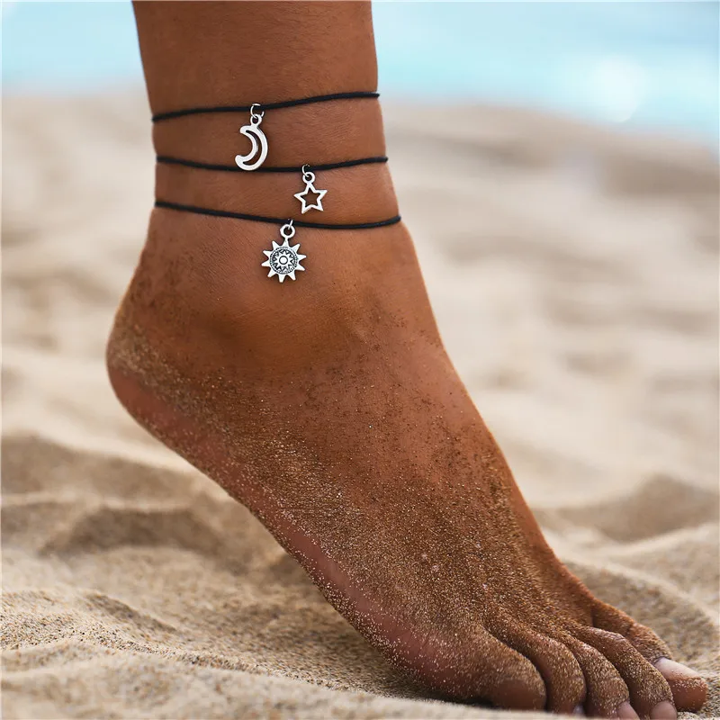 Sun Star And Moon Dangle Triple Black Rope Anklets Bracelet Simple Women Beach Foot Jewelry Sun Star And Moon Dangle Triple Black Rope Anklets Bracelet Simple Women Beach Foot Jewelry