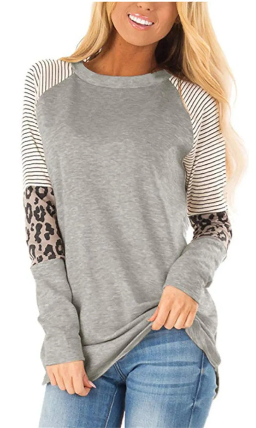 Осенний Топ Женская футболка с длинным рукавом топ в полоску Футболка женские леопардовые футболки со строчкой модный Свободный Топ Женская Футболка 2XL - Цвет: gray