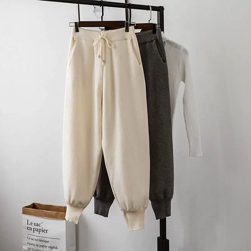 Женские брюки с эластичной резинкой на талии и завязками, плотные трикотажные штаны-шаровары, однотонные осенне-зимние женские штаны, новые штаны