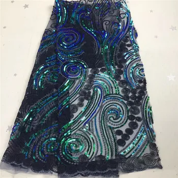 

2020 green French Tulle Laces sequins Fabric High Quality Embroidered Nigerian Fabrics African Lace Wedding Dress 5 Yards/pcs