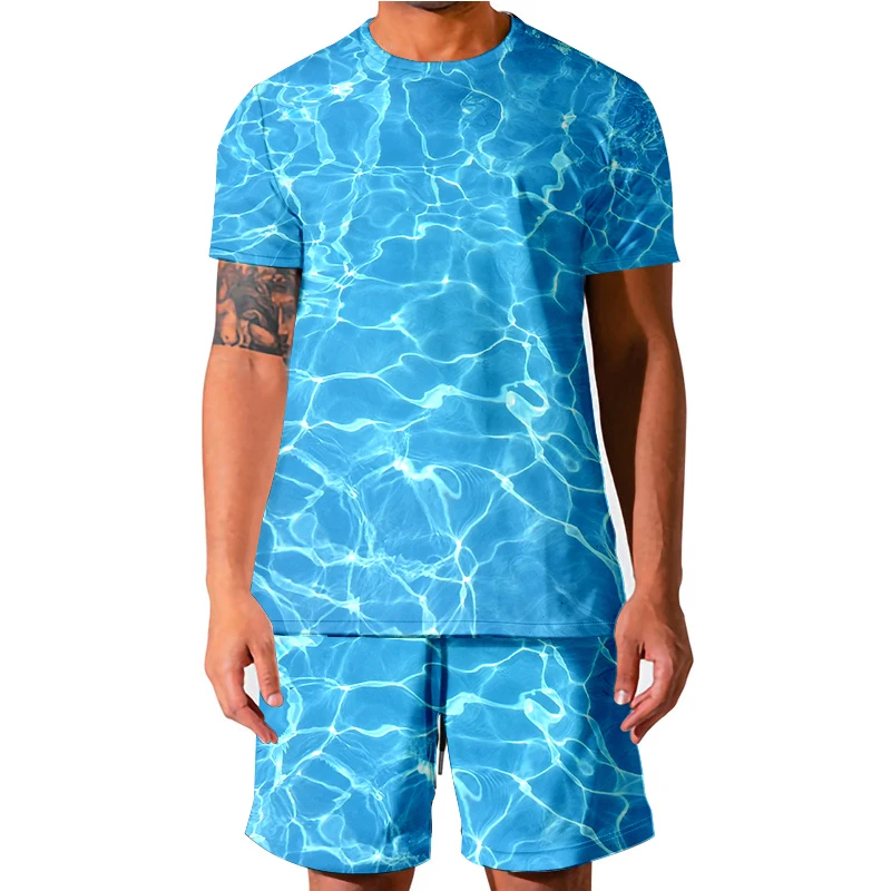 2022 Brand 3D Water ripple swimming pool Men\'s Round Neck T-shirt Suit Fashion Men\'s Women\'s T-shirt Shorts vest Sportswear 4XL