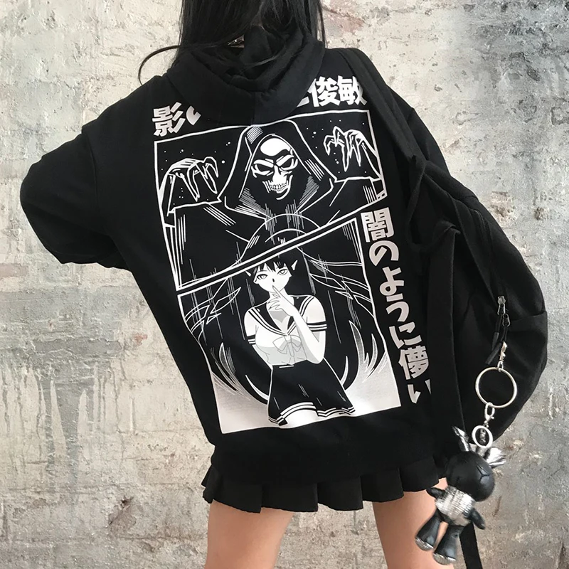  InsGoth Harajuku Grunge Loose Black Hoodie Women Sweatshirt Gothic Streetwear Punk Pullover Cartoon