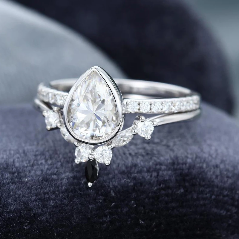 Edi Bezel Setting Pear Shape Moissanites Half Eternity Engagement Ring 14k White Gold Vintage Black Onyx Curved Diamond Ring Rings Aliexpress