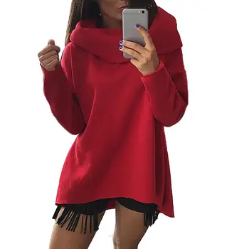 

Casual Women Solid Color Turtle Neck Long Sleeve Irregular Hem Loose Sweatshirt 2020 New Fashtion Womens wear