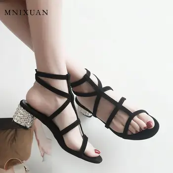

Luxury gladiator sandals women block heels shoes 2020 summer new sheep suede open toe rhinestone medium heels ladies party shoes
