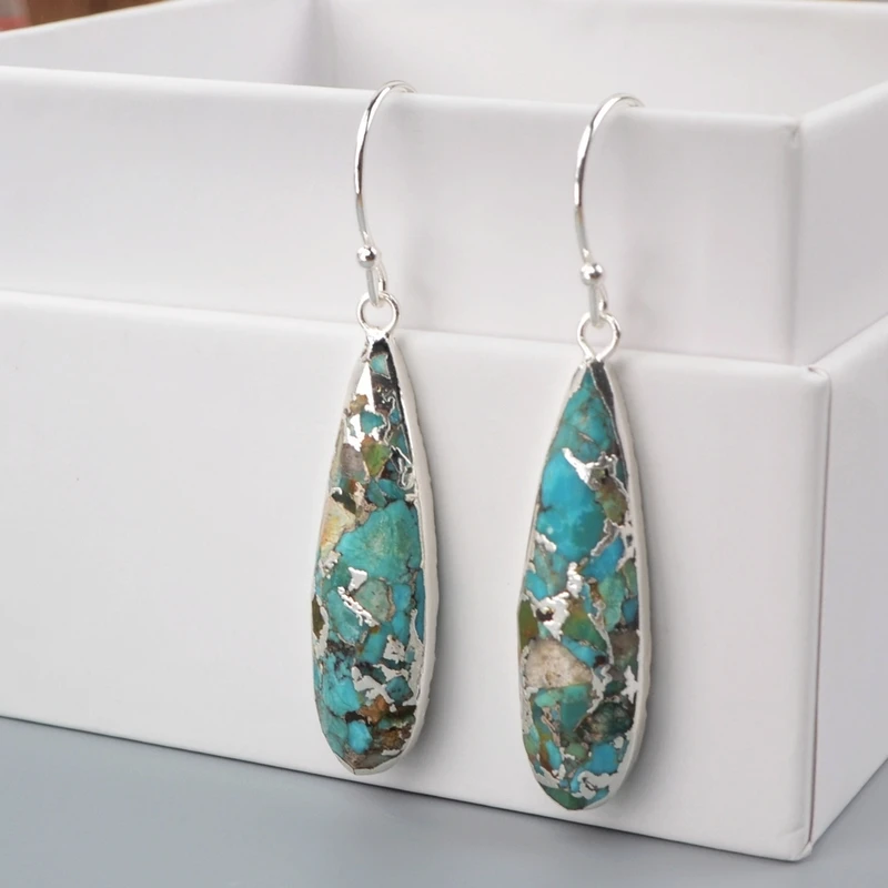 silver Natural Turquoises Dangle Earrings Silver Line Turquoises Hook Earrings Fashion Earrings Girls Gifts Dropshipping S1547-E - Окраска металла: silver